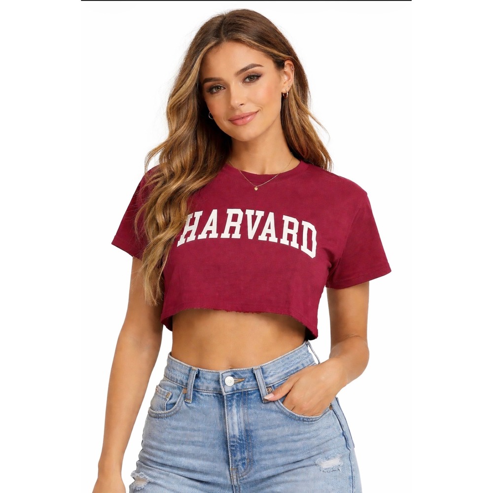 Harvard University T Shirt Women M Maroon Cropped Short Sleeve Preppy Academia